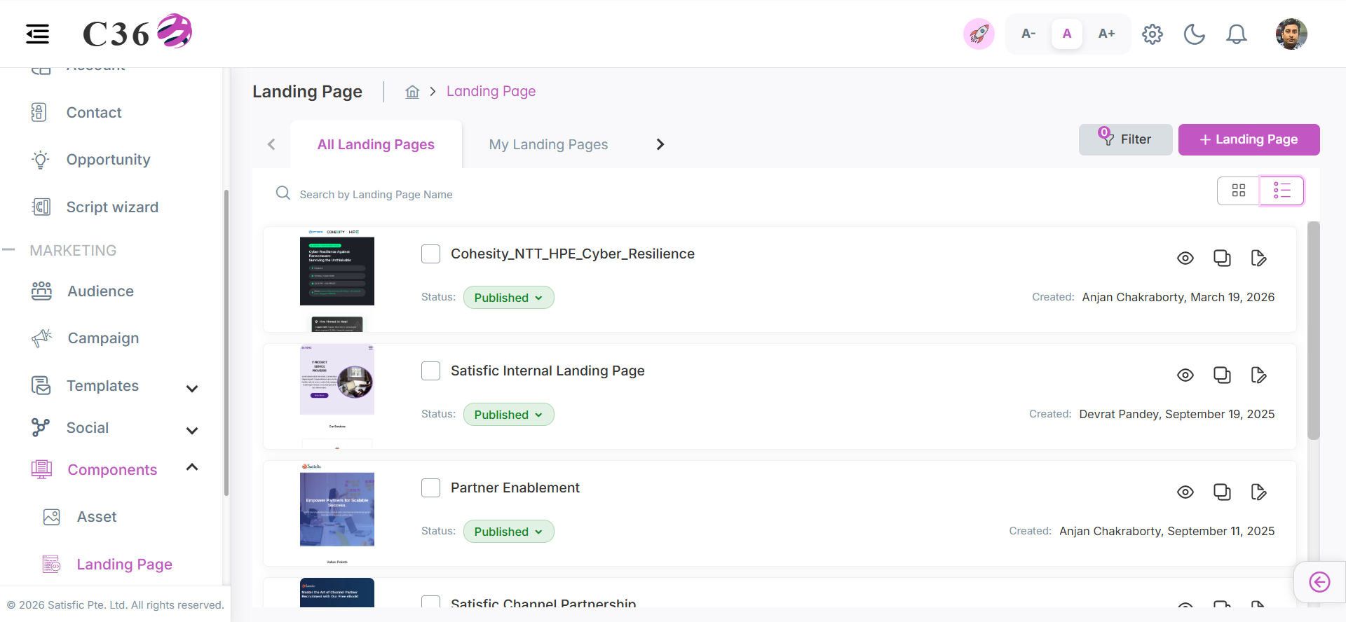 Landing Page list view